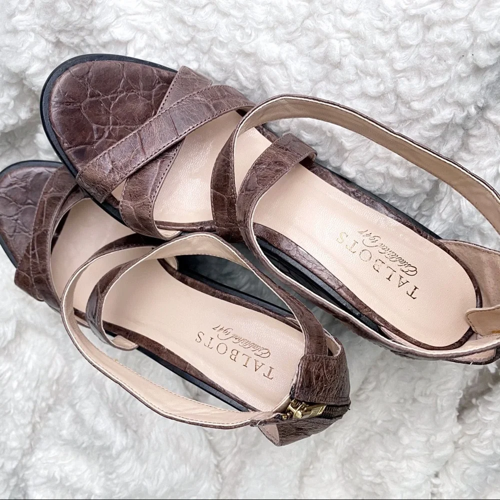 Talbots Brown Croc Embossed Leather Platform Wedge Sandals Size 7